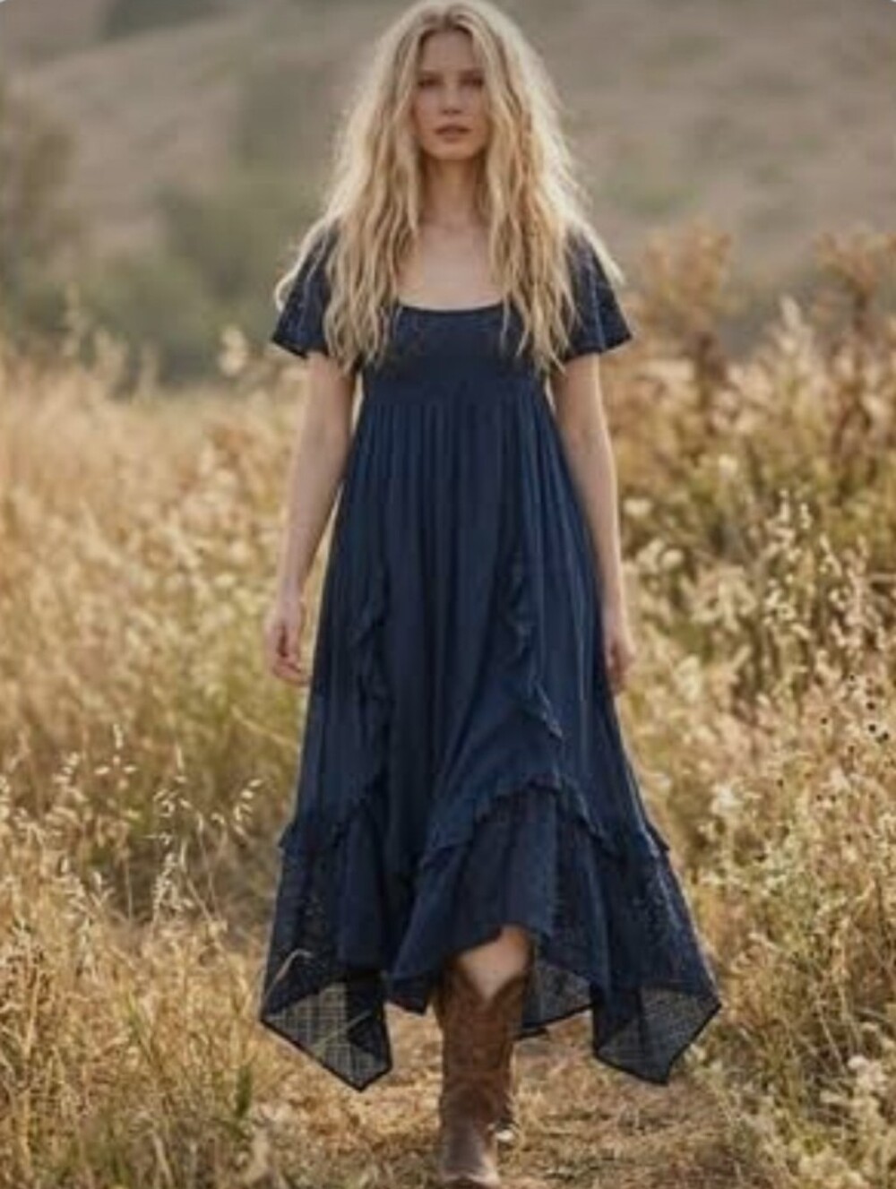Free People Free-est Navy Lace Paneled Cascading Ruffle Flutter Midi Dress M